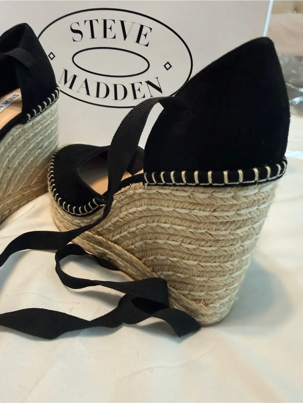 Steve Madden Black Suede Espadrille Wedge Sandals with Ankle Tie